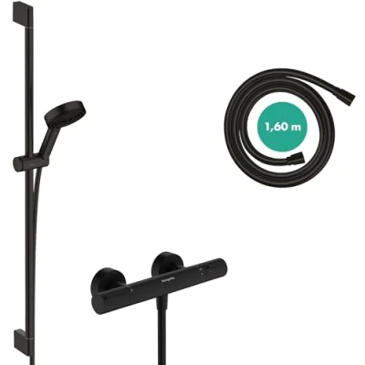 Image of Hansgrohe Pulsify Select S Matt Black Metal Shower Set with Thermostatic Mixer, 3 Jet Types, 8.2L/min, 90cm Rail, 1.6m Hose &amp; Holder, EcoSmart, Wall Mount