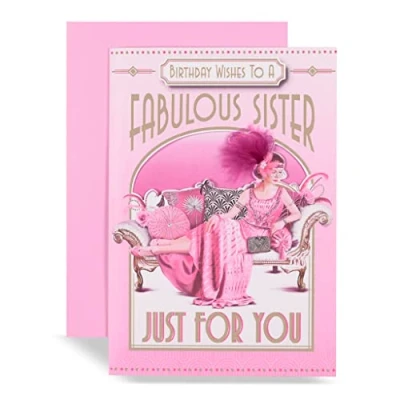 Image of Art Deco Lady Sister Glittered Birthday Card with Feather Detail
