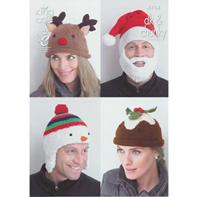 Image of King Cole DK &amp; Chunky Adults Christmas Hat Knitting Pattern Snowman Rudolph Pud Santa