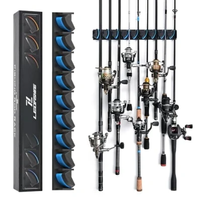 Image of LEOFISHING Vertical Horizontal Fishing Rod Holder Wall Mounted Rack Holds Up to 9 Rods or Combos Pole Holders for Garage Ceiling Fits Most (Blue 1 Pack)