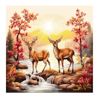 Image of Xinpinzhou Deer 11ct Cross Stitch, 11 Count Counted Stamped Pre Printed Stitch Embroidery Kits for Adults Beginners Starter Advanced Easy Crossstitch Animal Patterns Set Wall Decor 36x36 CM