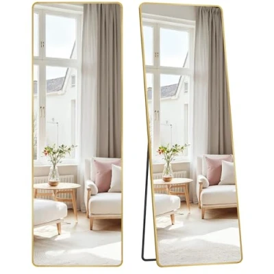 Image of SONGMICS Full Length Mirror, 160 x 50 cm, Rectangle Body Mirror with Stand, Aluminium Alloy Fram, Tempered Glass, for Bedroom, Living Room, Cloakroom, Pale Gold LFM030A01