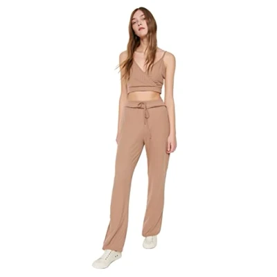 Image of Trendyol Women&#039;s Woman Loungewear Normal Waist Flare Pants, Beige, S UK
