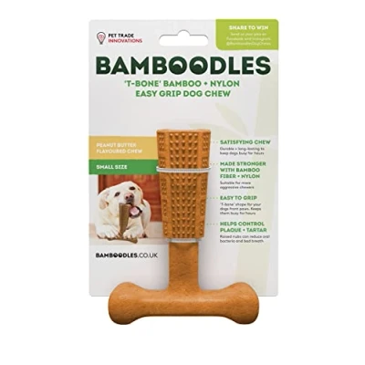 Image of Bamboodles T Bone Chew Toy for Dogs Small 4&quot; Peanut Butter Flavour, All Breed Sizes
