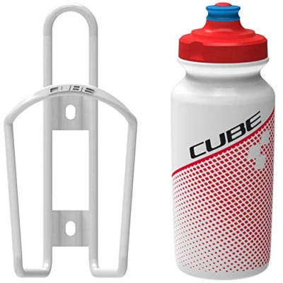 Image of Cube HPA Cage Gloss White &amp; Icon Bottle Teamline, 500ml /Lightweight Bicycle Cycling Cycle Bike MTB Mountain Road Water Drink Flask Bidon Bracket Mount Holder Carrier Part HPC HPP Set Accessories