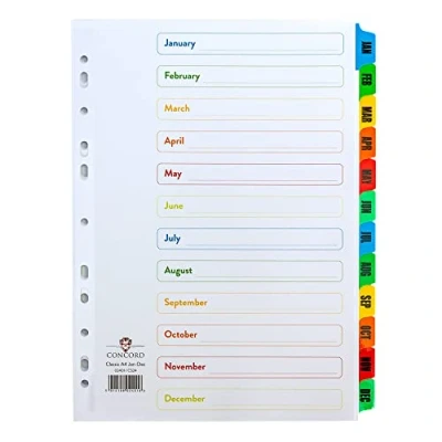 Image of 10 Pack Concord A4 Jan Dec Monthly 12 Part File Dividers Mylar Reinforced Coloured Tabs Multi Punched