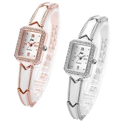 Image of JewelryWe Women&#039;s Quartz Analog Round Small Rose Gold Waterproof Stainless Steel Bracelet Wristwatch for Daily Use, 2 Pieces (Rose + Silver), Elegant