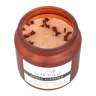 Image of Rose Petal Infused Self Love Spell Candle in Frosted Glass Jar with Cork Lid Boost Confidence and This Enchanting Ritual