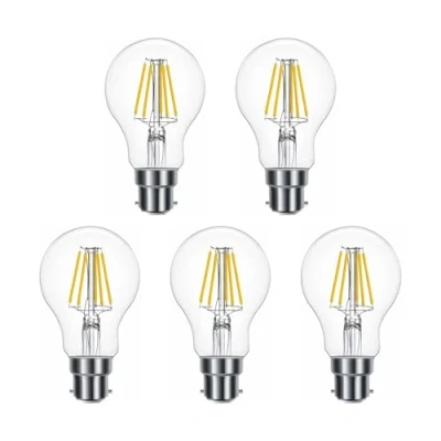 Image of G.W.S® LED Filament Bulb, GLS A60 B22 Bayonet, Globe 8W Dimmable Warm White 2700K, Clear Glass, Pack of 5