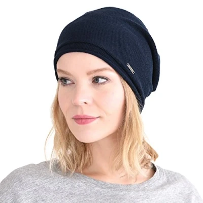 Image of Casualbox 100% Silk Beanie Natural Chemo Hat Sensitive Skin Oversized Slouchy Navy(Size: One Size)
