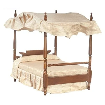 Image of Melody Jane Dolls House Walnut Double 4 Poster Canopy Bed Miniature 1:12 Bedroom Furniture
