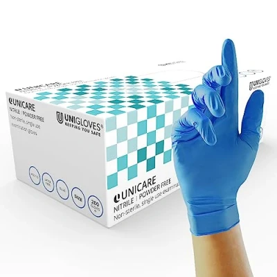 Image of Unigloves Unicare Nitrile Examination Gloves Multipurpose, Powder Free, Medical Grade Disposable Box of 200 Gloves, Blue, Large (GS0044)