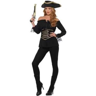 Image of Smiffys Deluxe Pirate Shirt, Ladies, Ivory with Lace Up Waist Cincher, Fancy Dress, Dress Accessories