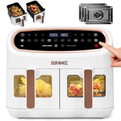 Image of Duronic Twin Air Fryer AF24 WG Dual Zone Cooker 10L Drawers 10 in 1 Double Basket AirFryer for Family, Uses No Oil, Fry, Roast, Bake, Dishwasher Safe Non Stick Baskets, White Gold