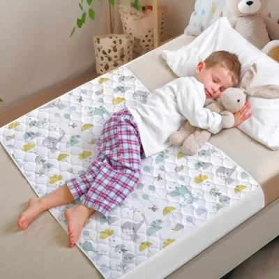 Image of By Kii Mattress Waterproof Protector Pad With Wings, Tuck in, Reusable, Kids, Children&#039;s &amp; Toodlers Bed Wetting (Single Beds Cot Beds) (Elephant Design)