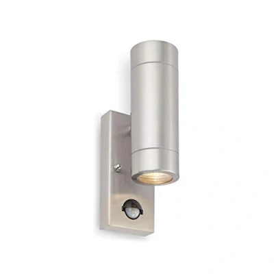 Image of Palin Outdoor Lights with Built in PIR Outside Mains Powered GU10 LED Compatible Wall Up Down IP44 Rated Light, Brushed Stainless Steel
