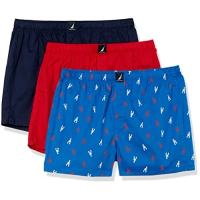 Image of Nautica Men&#039;s Cotton Woven 3 Pack Boxers Shorts, Peacoat/Bright Red/2 Color Lobster, XL