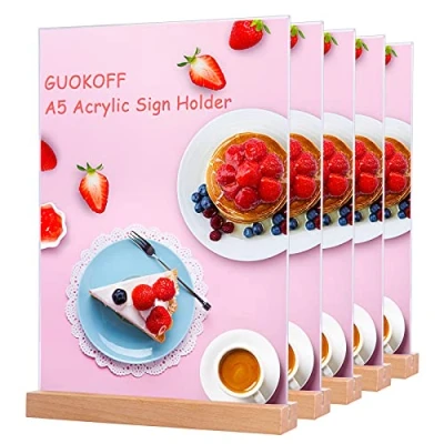 Image of GUOKOFF A5 Acrylic Sign Holder, 5 Pack Table Menu Holders, T Shape Stands, Vertical Poster Holder Display Stands Wooden Base for Restaurant Hotel Company