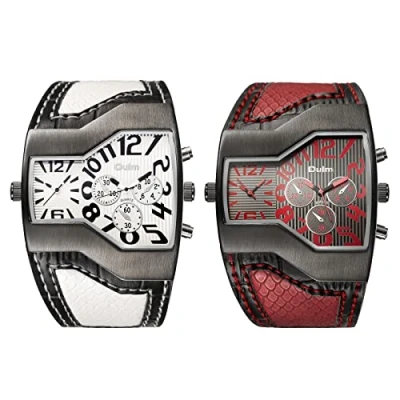 Image of JewelryWe Mens Dual Time Watch Military Leather Wristwatch Cool Big Dial Quartz Watch, for Fathers Day