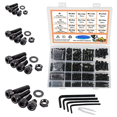 Image of huruirui M2 M3 M4 M5 Nuts and Bolts Washers Assorted Set, Black Hex Socket Head Cap Screws Kit 945pcs, Thread Machine Bolt Set Fastener Repair Tools Assortment