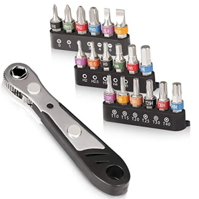 Image of Hakkin 19PCS Mini Ratchet Wrench Screwdriver Bit Set S2 Steel 1/4 Drive 36 Teeth Ratcheting High Torque Offset Reversible Handle with Phillips Slotted Hex Torx Star Bits