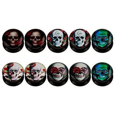 Image of KUBOOZ(5 Pairs Rose Skull Acrylic Ear Plugs Tunnels Gauges Stretcher Piercings