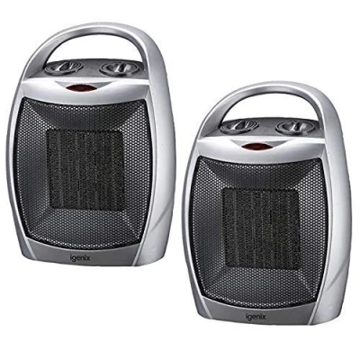 Image of Igenix IG9030/2PACK Portable Ceramic Electric Low Energy Heater with 2 Heat Cool Fan Setting, Tip Over Safety Protection, Ideal for Small Rooms, Caravans and Garages, 1800 W, Silver, Pack of