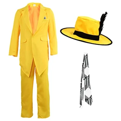 Image of Adults Yellow Suit Costume Small Jacket and Trousers, Hat with Black Feather, Patterned Tie 80s Fancy Dress