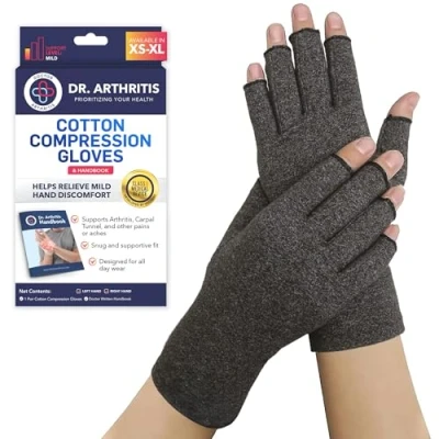 Image of Doctor Developed Compression Gloves for Arthritis &amp; Written Handbook/Fingerless Women Men, Hand Support Pain Relief Carpal Tunnel (Grey, XL)