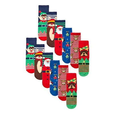 Image of 12 Pair Multipack Kids Christmas Socks Novelty Cotton Design Festive Gift for Boys &amp; Girls (2 3 Years, Assorted)