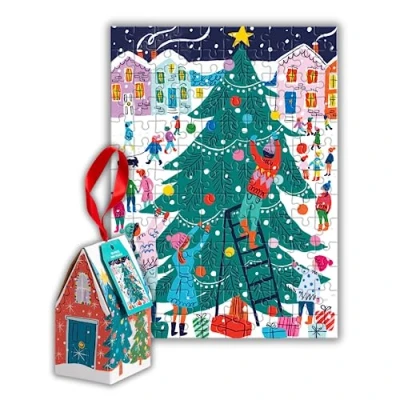 Image of Galison 9780735380226 130 Piece House Shaped Puzzle Ornament Featuring Outdoors Tree Decorating Moment Under The Stars, Multicoloured