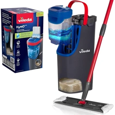 Image of Vileda H2PrO Flat mop system Revolutionary clean and dirty Water separation saving design Compact storage Ergonomic handle Microfibre power Can be used one handed
