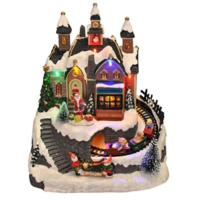 Image of Selections Santa Christmas Scene Resin Village Ornament with Lights Moving Train and Sound