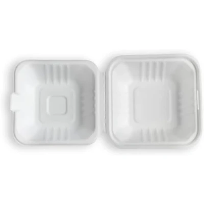Image of Pack of 50 x Biodegradable Clamshell Takeaway Boxes 6&quot;x6&quot; Disposable Food Container, Strong Burger Box for Hot &amp; Cold Food, Microwave Safe, Tab Lock Closure Safe Lunch