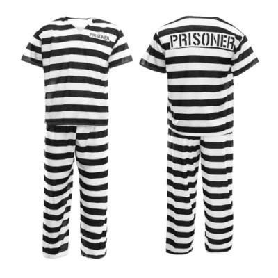 Image of Adults Prisoner Costume Mens Womens Convict Fancy Dress Black &amp; White Striped Top, Matching Trousers Hat Unisex TV Film/Halloween Up (Medium)