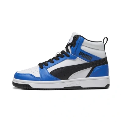 Image of puma Rebound V6 MID JR Unisex Hightop trainers whitepuma blackracing blue for kids, Size: 4, white black racing