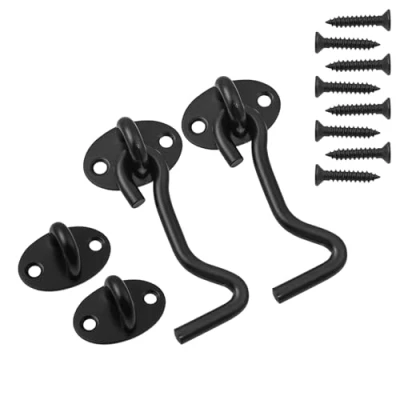 Image of BuxiuGK 2 Piece Cabin Hook Eye Door Latch Stainless Steel 3 Inch/75 mm with 8 Mounting Screws for Shed Doors Cabinet Black