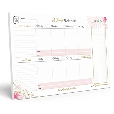 Image of Perfect Planner Company A4 Weekly Desk Pad Undated Tear Away Pages With To Do List, Self Care, Top Priorities 90gsm FSC paper Landscape, 50