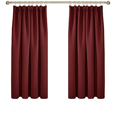 Image of Deconovo Solid Pencil Pleat Curtains Thermal Insulated Tape Top Blackout for Girls Room 66 x 54 Red Two Panels