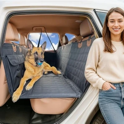 Image of Dog Back Seat Extender Waterproof Mesh Platform for Cars, Trucks, SUVs With Storage Pockets and Door Covers (Black)