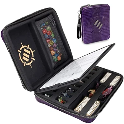 Image of ENHANCE Collector&#039;s Edition RPG Organizer Case DnD Binder with Built in Character Sheet Holder and Erasable Scribe Panel, Dice Rolling Area, Removable Pen Pouch, Miniature Foam Tray (Dragon Purple)