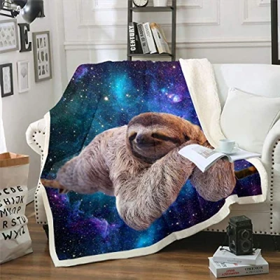 Image of Cute Sloth Plush Blanket 3D Funny Animal Galaxy Fleece Chic Purple Blue Starry Sky Sherpa Throw for Bed Sofa Couch Outer Space Sleeping Fuzzy Room Decor Baby 30&quot;x40&quot;
