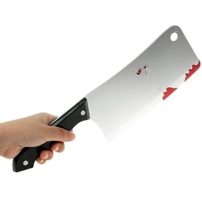 Image of jokeshop Butcher&#039;s Cleaver Prop 30cm Fake Bloody Kitchen Knife with Black Handle Halloween Slasher Fancy Dress Weapon Accessory