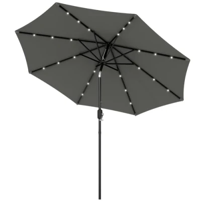 Image of Outsunny Φ2.7m Garden 24 LED Light Parasol Solar Outdoor Tilt Sun Umbrella Patio Club Party Event Manual Shade w/Hand Crank and 8 Ribs Grey