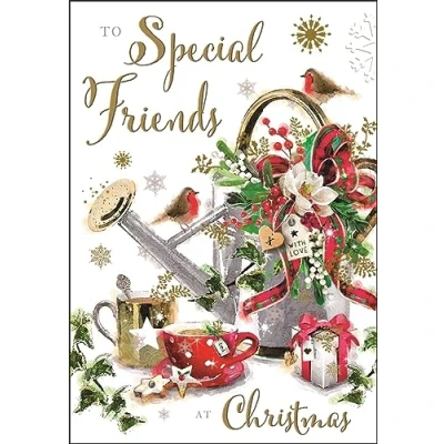 Image of Jonny Javelin Special Friends Christmas Card Festive Watering Can with Robins and Cups of Tea Embossed Foil Flitter Details
