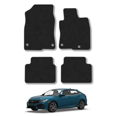 Image of Car Mats Compatible with Honda Civic (2017+) Tailored Fit Grey Trimmed Carpet Floor Mat Set Accessory Black Custom Fitted 4 Pieces Clips Anti Slip Backing &amp; Trim Edging