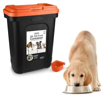 Image of ASAB Pet Food Storage Container Large 30L/15kg Plastic With Integrated Scoop and Flip Top Locking System Perfect for Dog Treats Kitten (Red, Large)