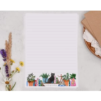 Image of Making Meadows A5 Lined Letter Writing Paper Set (20 Sheets &amp; 10 envelopes) Cat with Books Design On Penpal Stationery