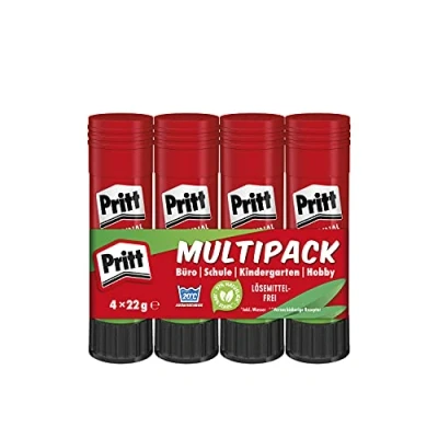 Image of Pritt Klebestift, sicherer und kinderfreundlicher Bastelkleber für Kunst Bastelarbeiten, starker Kleber Schule &amp; Bürobedarf, 4x22g Stift