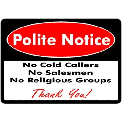 Image of 1 x Polite Notice No Cold Callers Salesmen Religious Groups Door Warning Sign Self Adhesive Backed Sticker! 90 60 mm